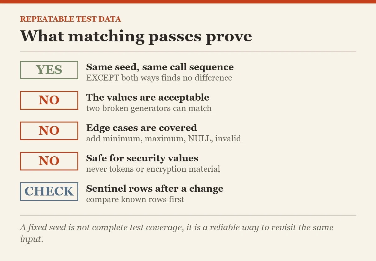 What matching passes prove: a checklist on the repeatable test data