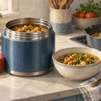 A lunch thermos retaining one prepared meal for repeated servings