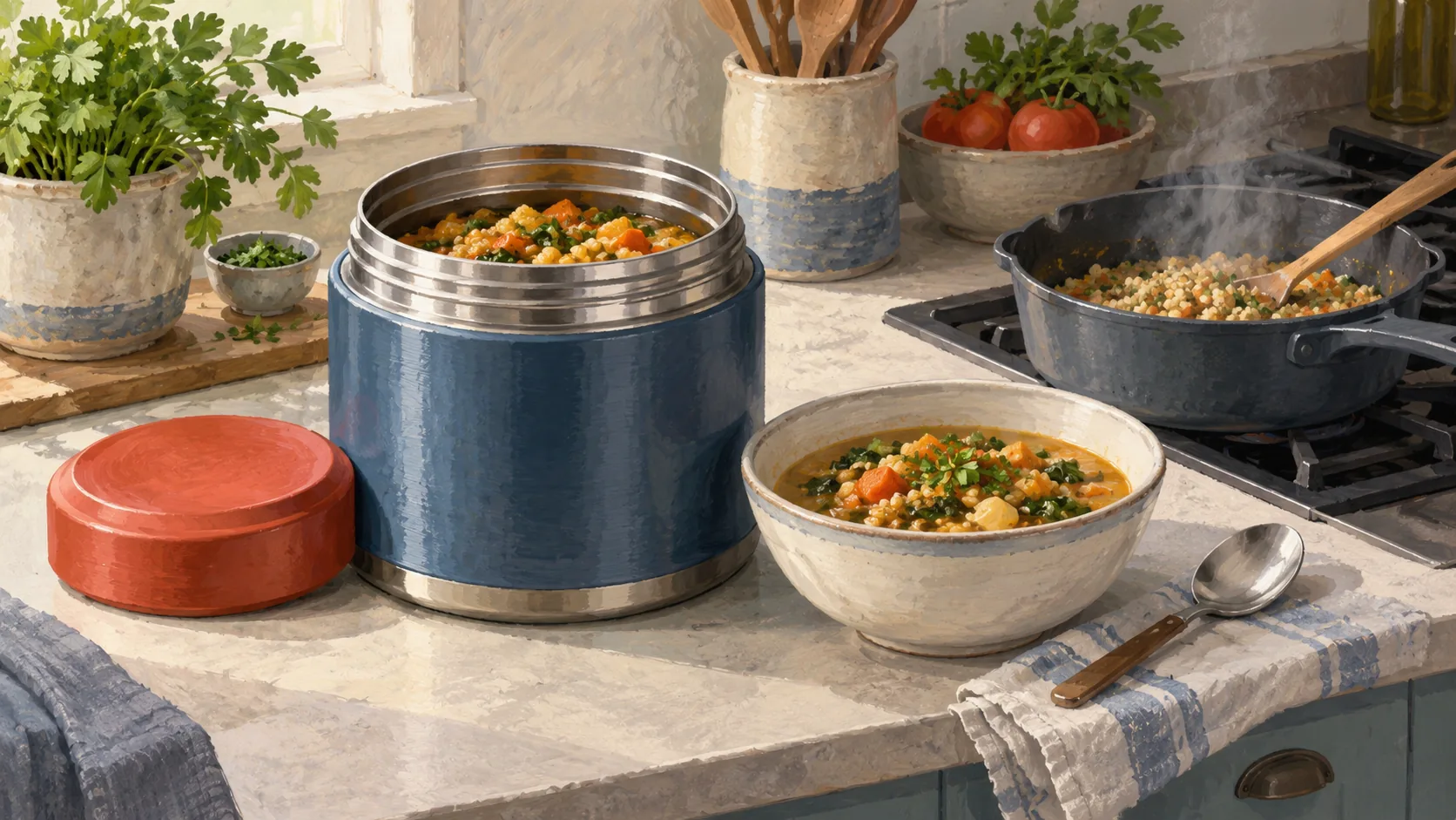 A lunch thermos retaining one prepared meal for repeated servings