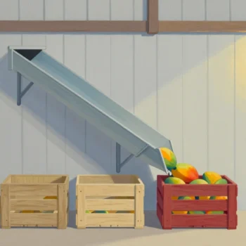 Gouache painting: a row of wooden crates of graduated widths along a barn wall, a chute pouring mangoes into the first and widest crate, one crate painted vermilion