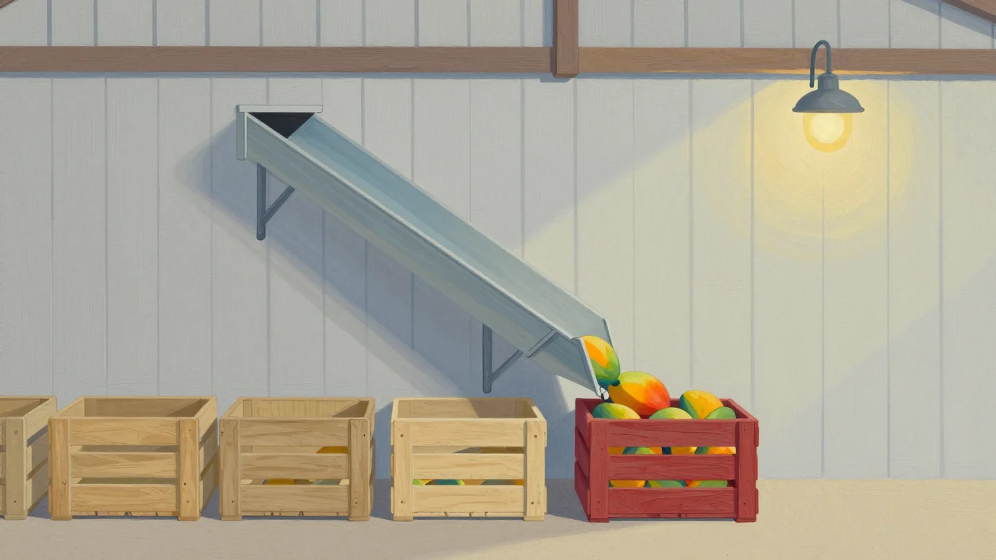 Gouache painting: a row of wooden crates of graduated widths along a barn wall, a chute pouring mangoes into the first and widest crate, one crate painted vermilion