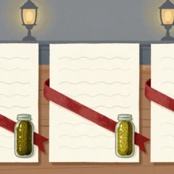 Gouache painting: three identical recipe cards side by side on a wooden table, each covered in plain wavy lines instead of writing, one vermilion ribbon laid across all three, and a small jar of gherkins beside them