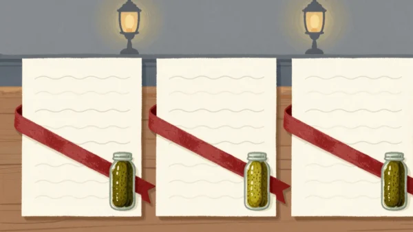 Gouache painting: three identical recipe cards side by side on a wooden table, each covered in plain wavy lines instead of writing, one vermilion ribbon laid across all three, and a small jar of gherkins beside them