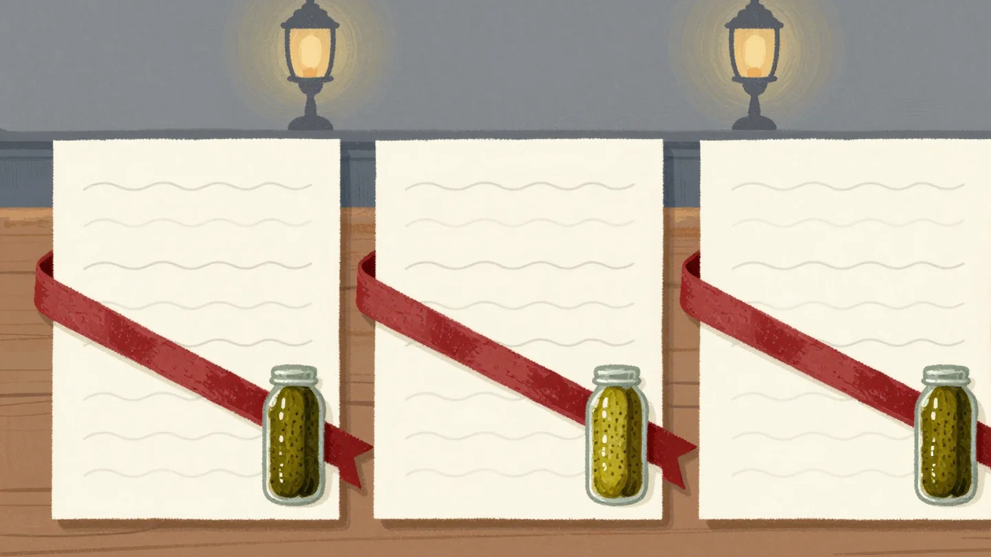Gouache painting: three identical recipe cards side by side on a wooden table, each covered in plain wavy lines instead of writing, one vermilion ribbon laid across all three, and a small jar of gherkins beside them