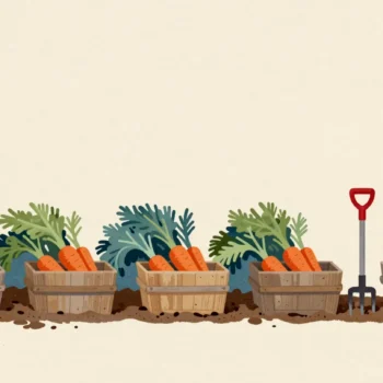 Five wooden trugs of carrots sorted by length at the end of a vegetable bed, heaped to different heights.