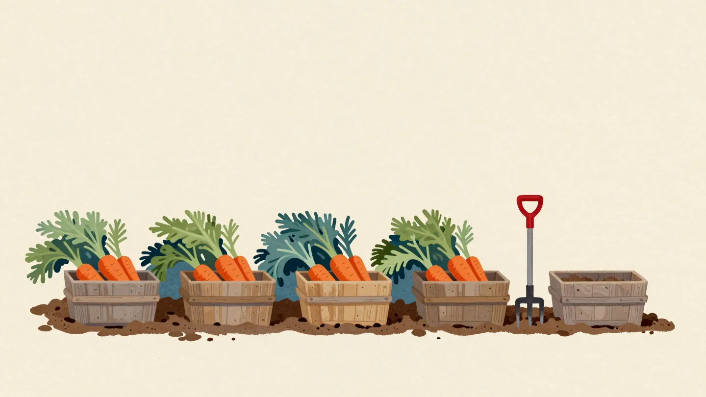 Five wooden trugs of carrots sorted by length at the end of a vegetable bed, heaped to different heights.