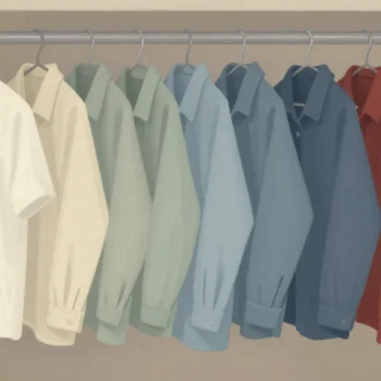 A wardrobe of shirts hung in color order, a hand reaching into one section, a few shirts out of place