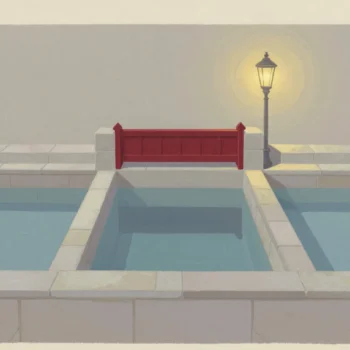 Gouache painting: a wide shared stone cistern divided by low walls into three basins, two of them holding calm water well below the rim, the third closed off at its brim by a vermilion sluice gate