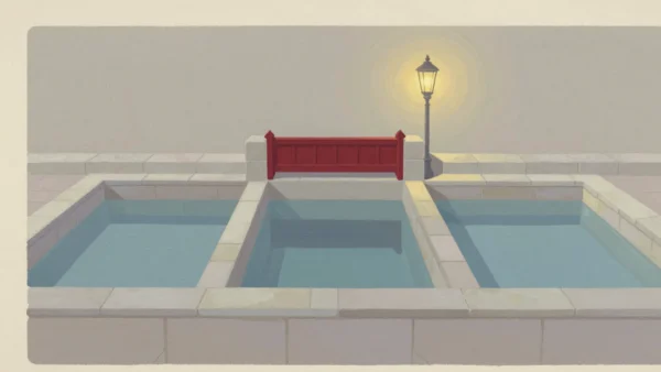 Gouache painting: a wide shared stone cistern divided by low walls into three basins, two of them holding calm water well below the rim, the third closed off at its brim by a vermilion sluice gate