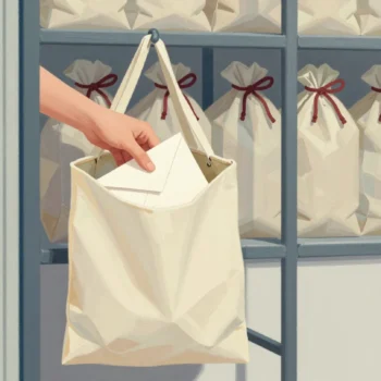A half-full mailbag hanging open on a frame, a hand adding envelopes, full bags tied shut beside it.