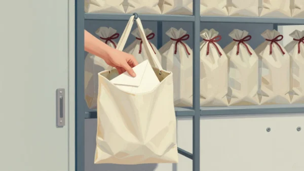 A half-full mailbag hanging open on a frame, a hand adding envelopes, full bags tied shut beside it.