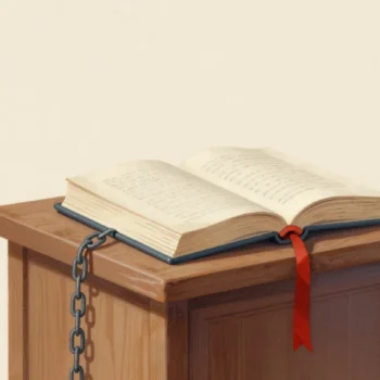 A heavy book chained to a wooden library lectern, a reader's hands resting on its closed cover.