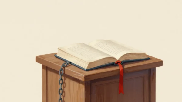 A heavy book chained to a wooden library lectern, a reader's hands resting on its closed cover.