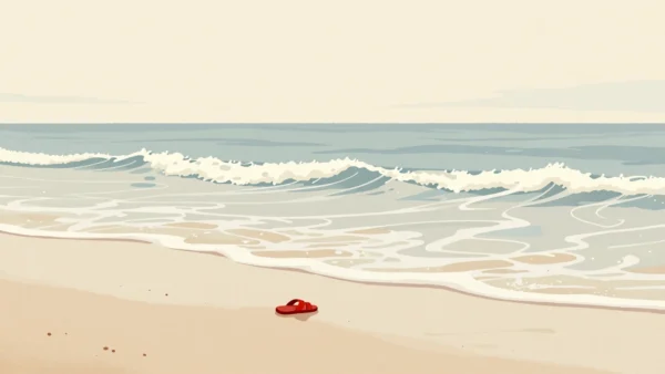 Waves rolling onto a sandy beach, faint arcs left by earlier waves still showing on the wet sand.