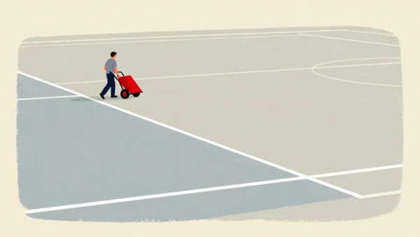 A groundskeeper pushing a line-marking cart across an empty field, painting the first boundary line.