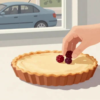 A hand placing the last berries on a fruit tart as guests arrive, the pattern not perfect but ready to serve.