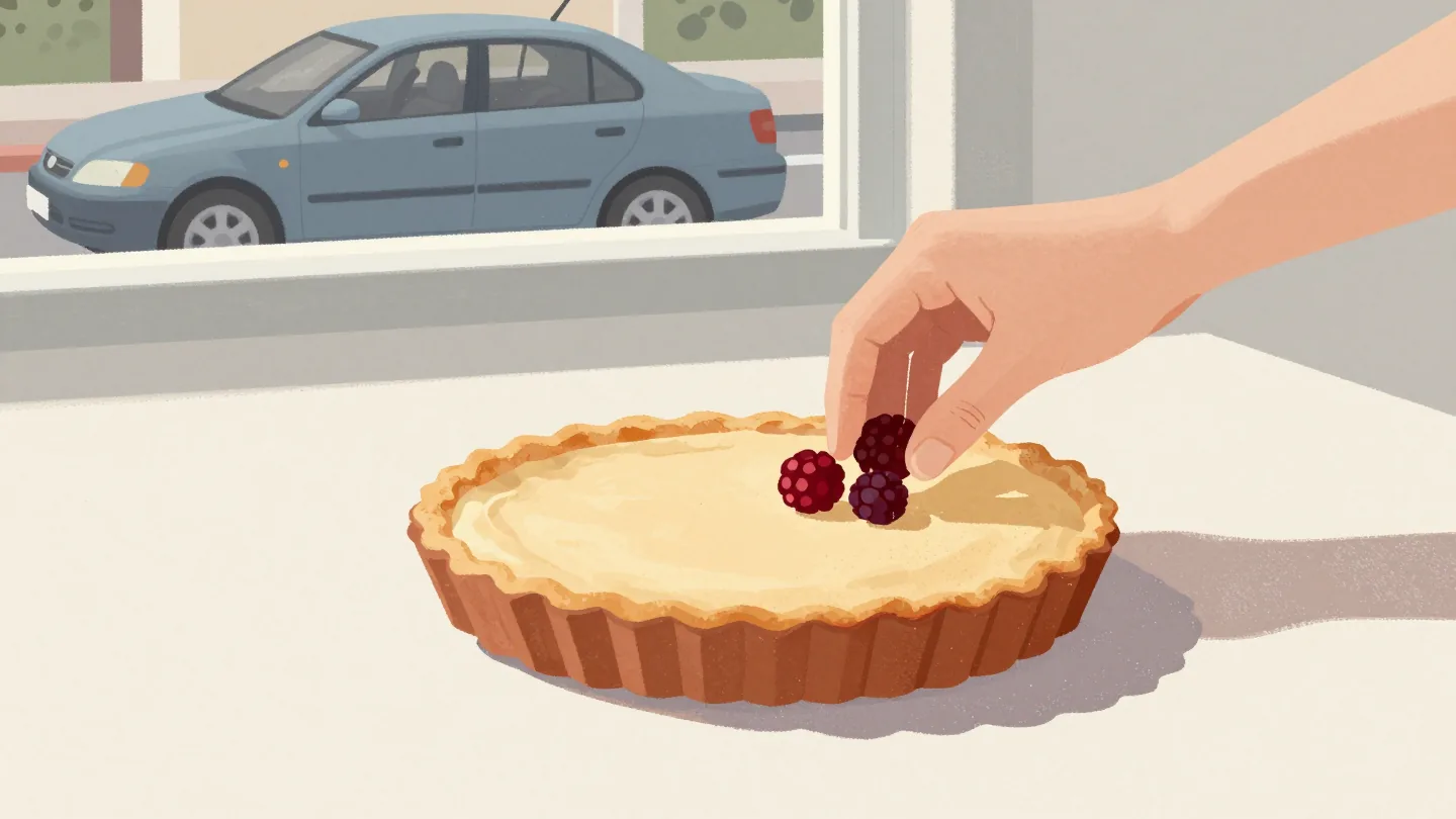 A hand placing the last berries on a fruit tart as guests arrive, the pattern not perfect but ready to serve.