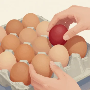 A sloping egg rack at a market stall, one hand taking the oldest egg from the front, another adding a fresh one.