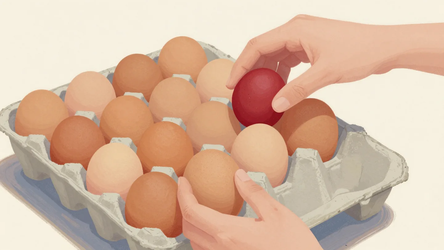 A sloping egg rack at a market stall, one hand taking the oldest egg from the front, another adding a fresh one.