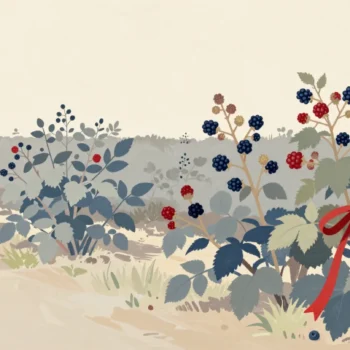 A hand tying one ribbon to each blackberry bush along a lane that has at least one ripe berry.