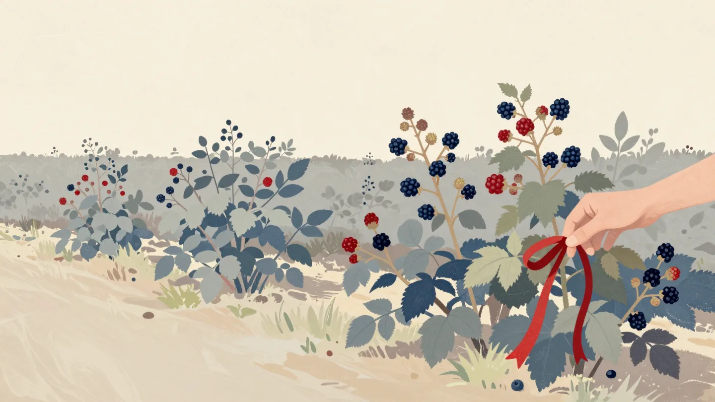 A hand tying one ribbon to each blackberry bush along a lane that has at least one ripe berry.