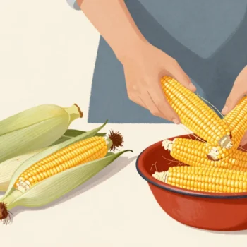 Two hands husking corn at a market stall, stripped husks heaped aside and clean cobs in a bowl.