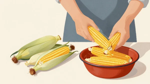 Two hands husking corn at a market stall, stripped husks heaped aside and clean cobs in a bowl.