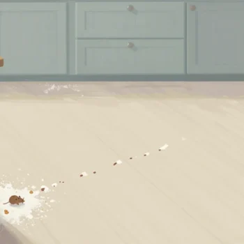 A flour-dusted kitchen floor at dawn with a trail of small mouse prints from the pantry door to a crumb.