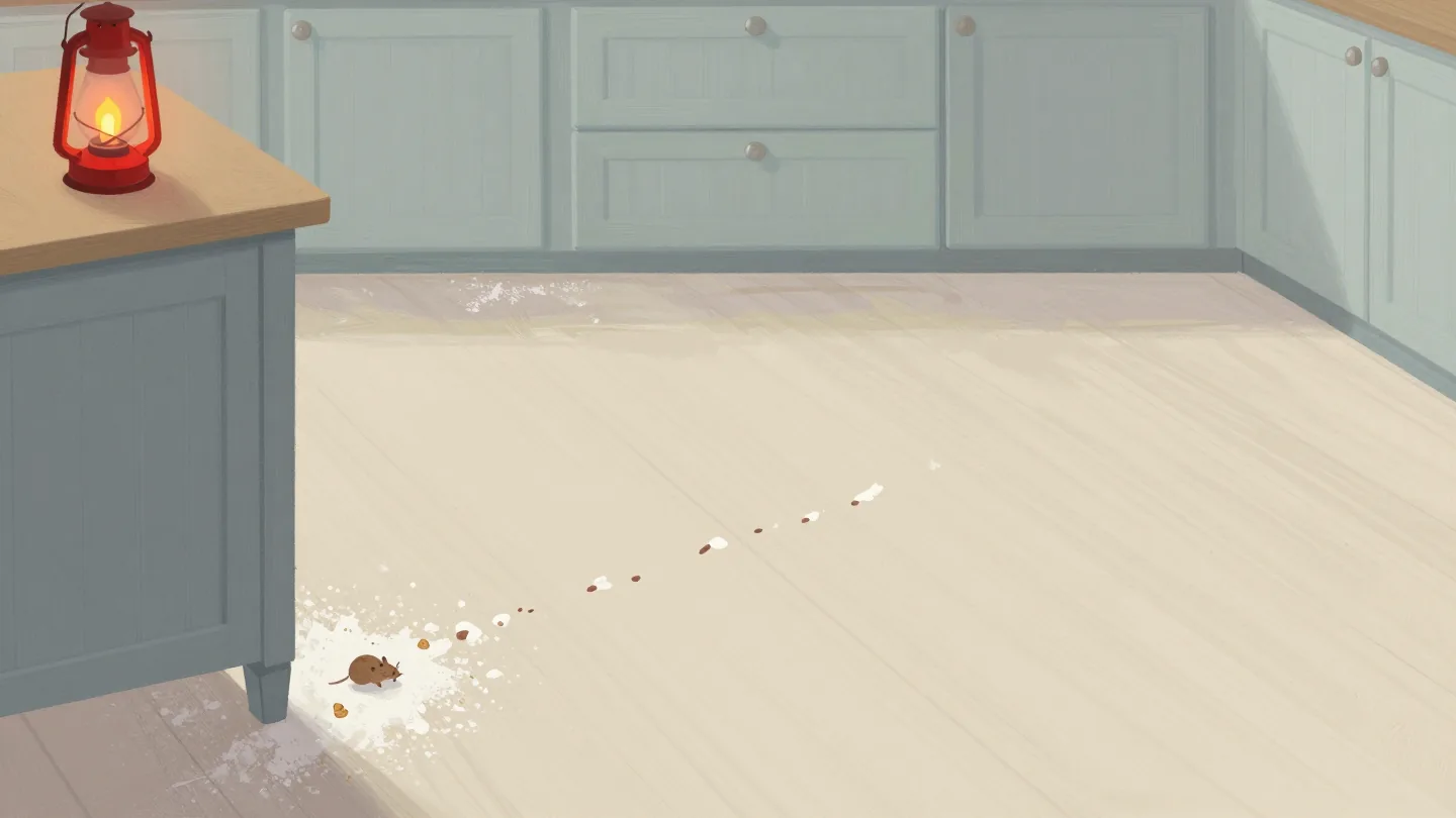 A flour-dusted kitchen floor at dawn with a trail of small mouse prints from the pantry door to a crumb.