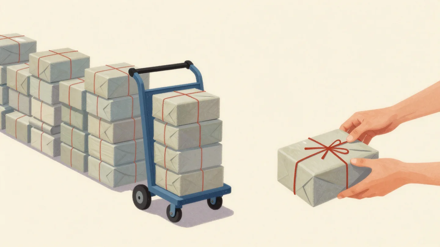 A hand tying small parcels into equal bundles with vermilion string in a post office loading bay.