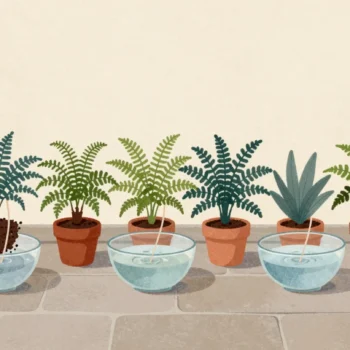 Five potted ferns drawing water through cotton wicks from a glass bowl, a hand testing the soil of the last pot