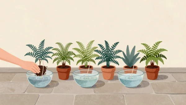 Five potted ferns drawing water through cotton wicks from a glass bowl, a hand testing the soil of the last pot