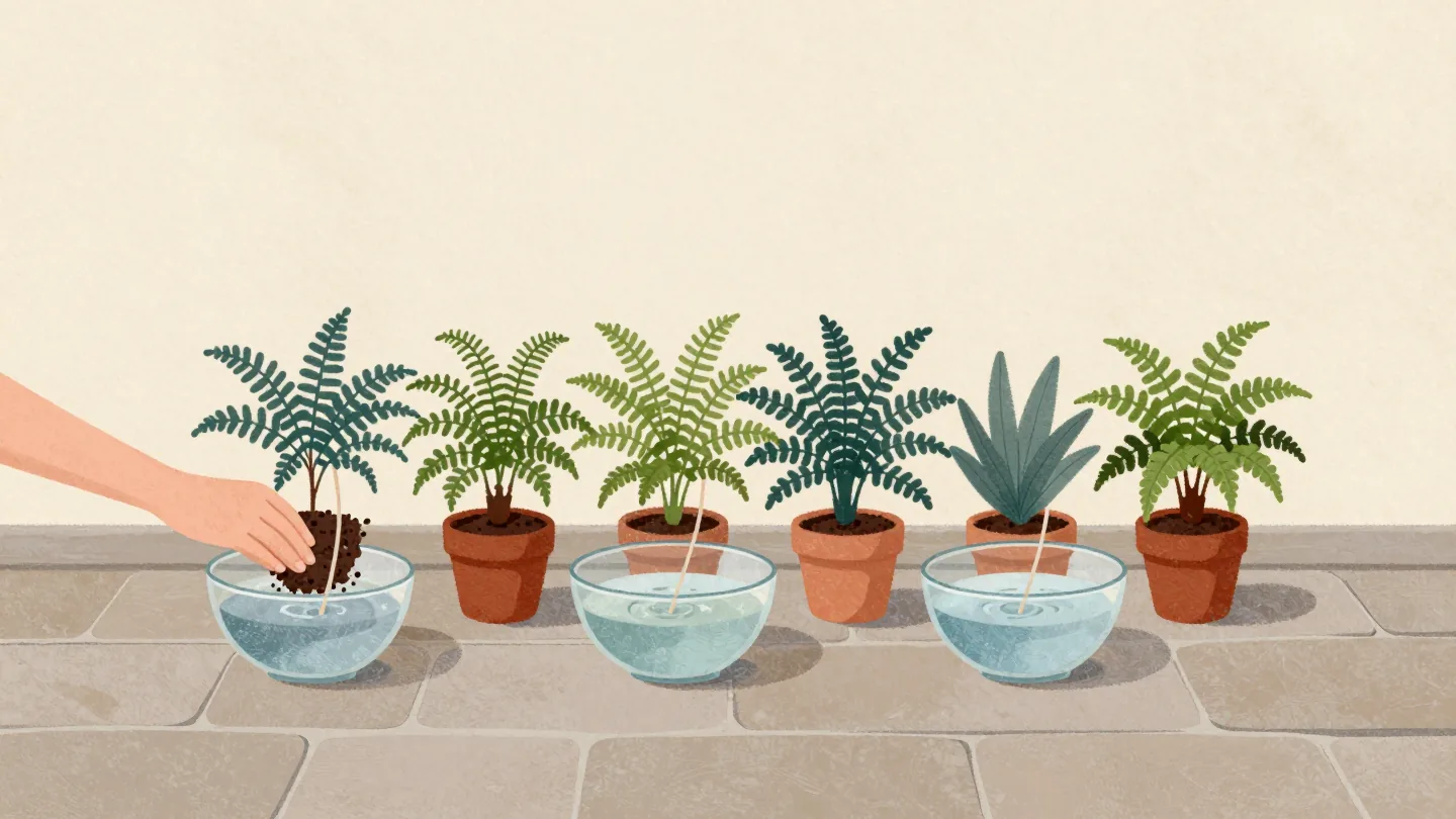 Five potted ferns drawing water through cotton wicks from a glass bowl, a hand testing the soil of the last pot