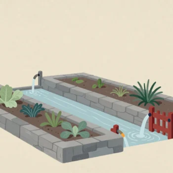 Gouache painting: a garden irrigation channel of stone with small wooden gates that direct the flowing water to different vegetable beds; one gate is vermilion