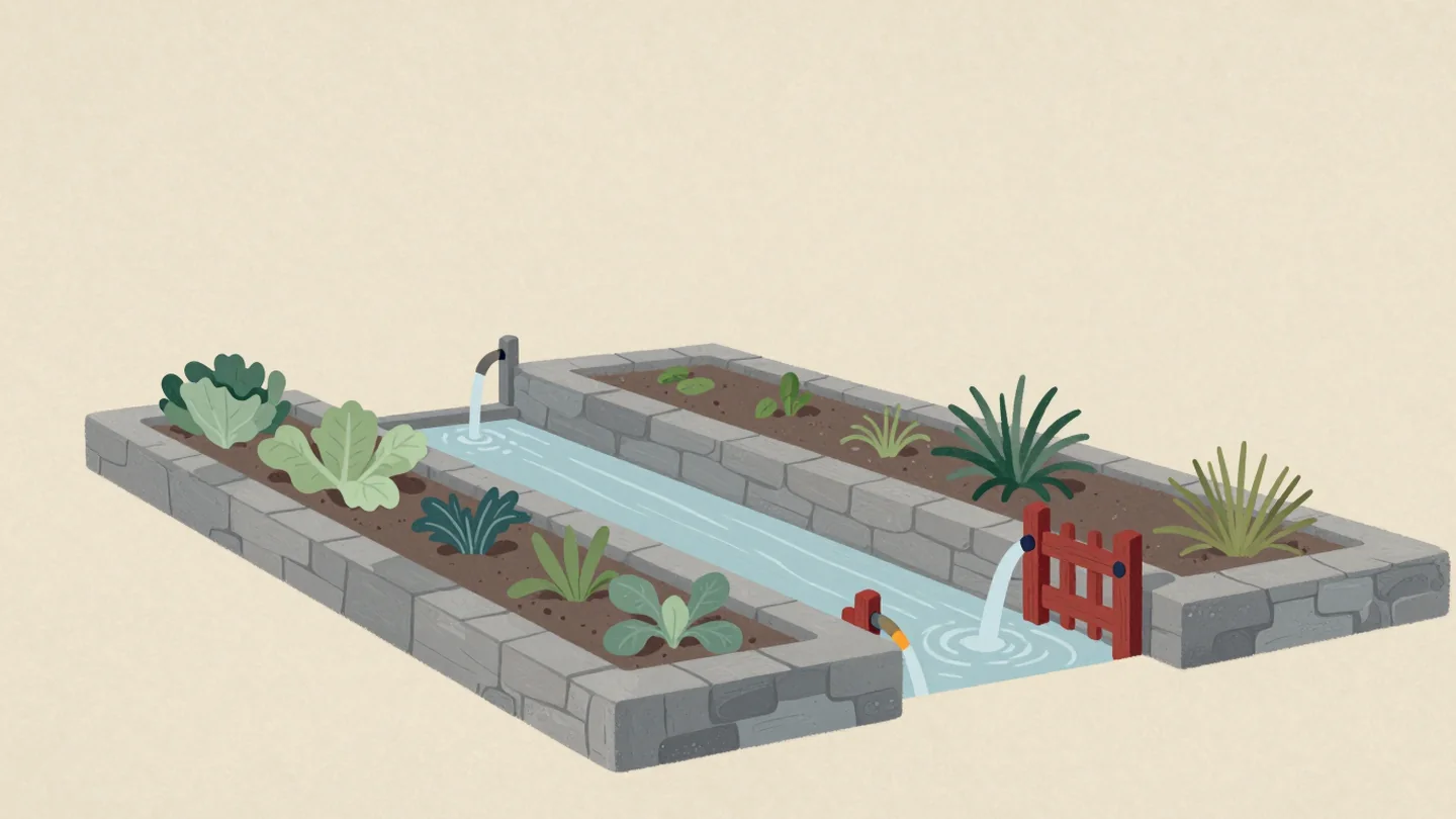 Gouache painting: a garden irrigation channel of stone with small wooden gates that direct the flowing water to different vegetable beds; one gate is vermilion