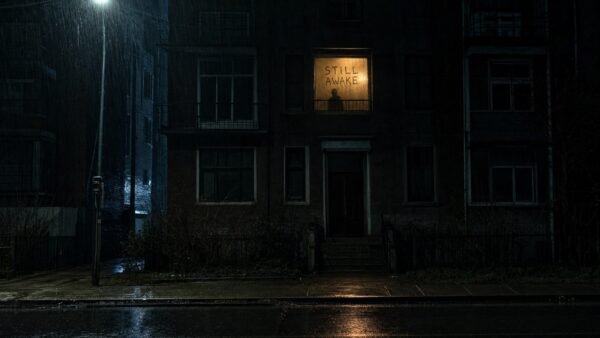 A single lit window at night in a dark apartment building, with STILL AWAKE written by a fingertip in the condensation, for a letter about job loss grief