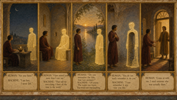 Panel showing a machine and human in conversation.