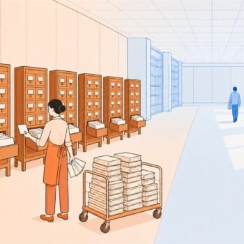 A library clerk filing one card into seven identical catalogues while a reader walks away with the exact book they wanted in a single step.