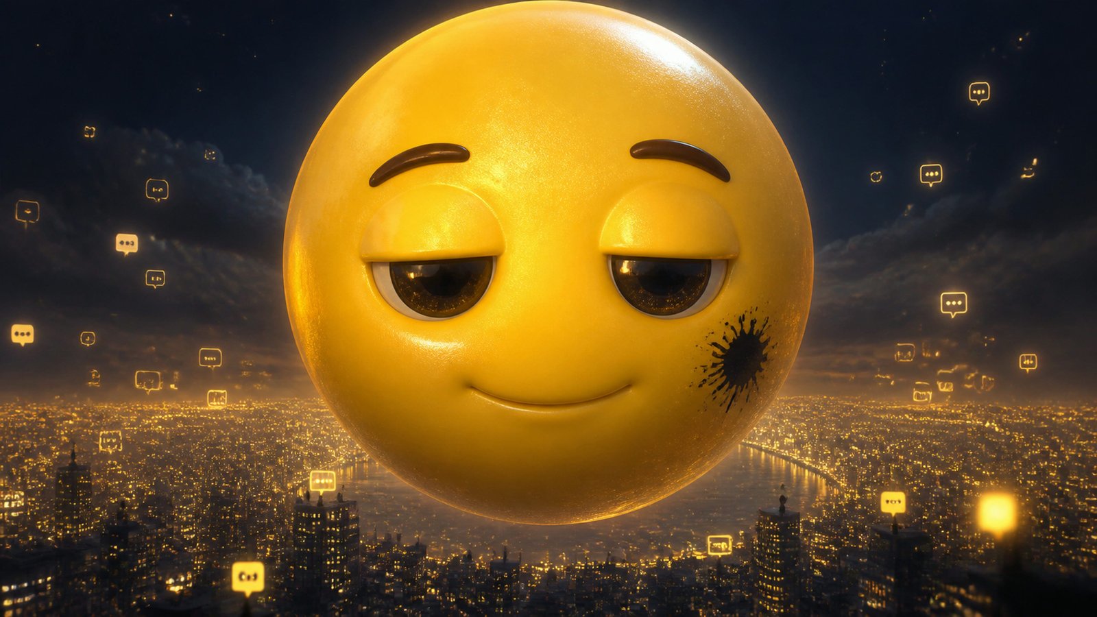 A vast glossy yellow emoji floating above a night city with a tired, composed expression and an ink mark on its cheek