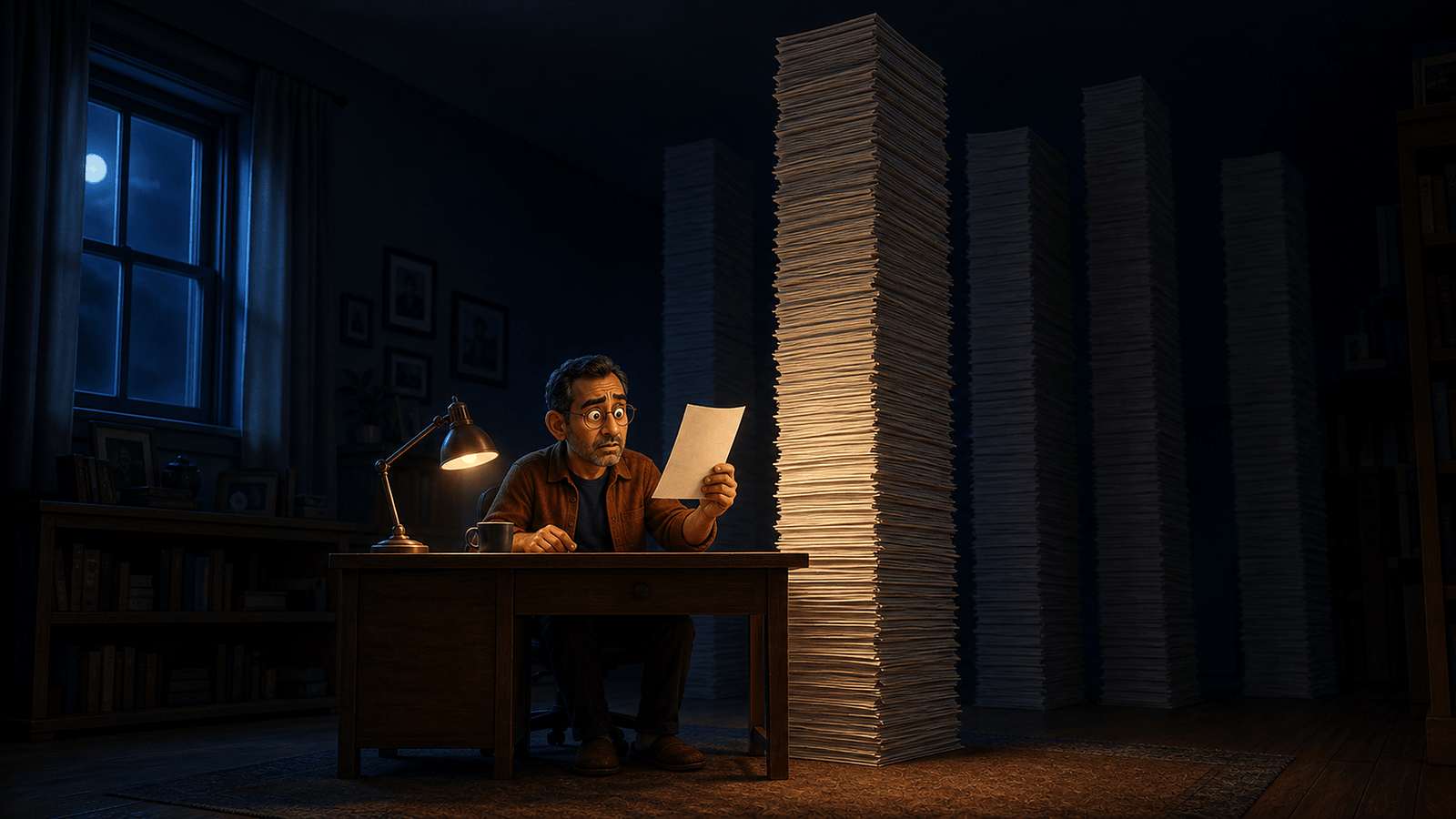 A single animation frame of a person dwarfed at a desk by an enormous tower of identical printed submissions
