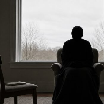 A seated person photographed against a bright window so that they are a complete silhouette with no features visible, with a second empty chair facing them