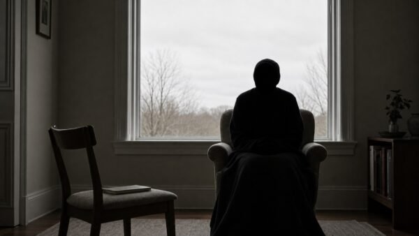 A seated person photographed against a bright window so that they are a complete silhouette with no features visible, with a second empty chair facing them
