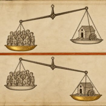 Medieval manuscript panel of the same balance of labour against capital, tipping one way in the upper register and the other way below.