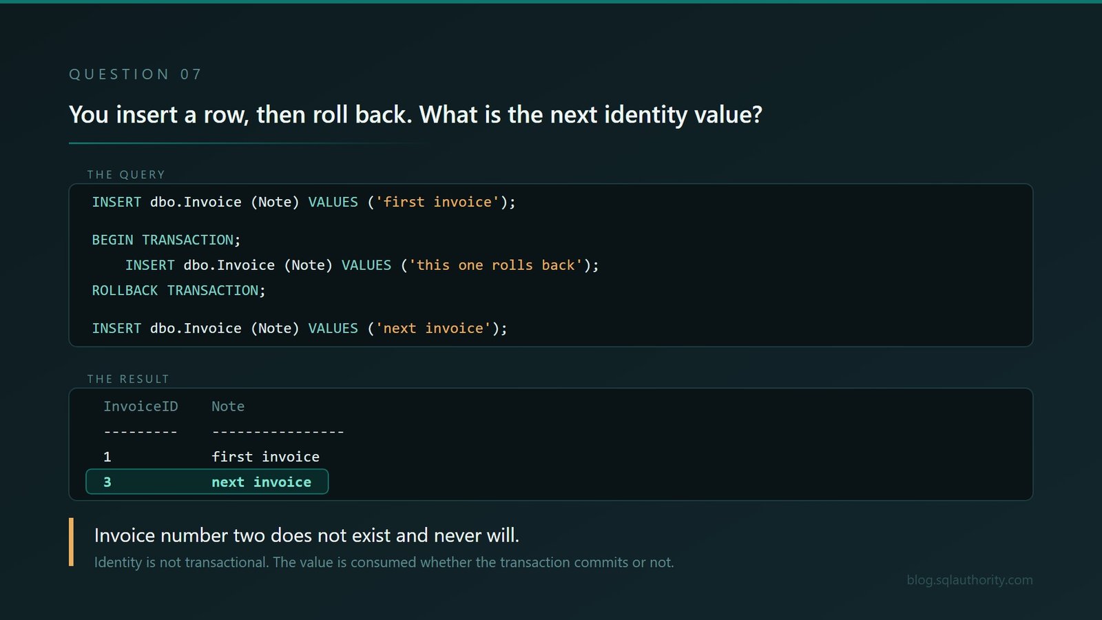 Eleven SQL Server Interview Questions That Look Far Too Easy q07-identity-rollback 