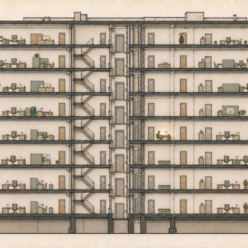 An architectural cutaway of an office building where almost every room is empty and one small desk remains lit