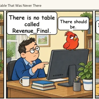 Cardinal Rules, a three panel cartoon by SQLAuthority. Sam asks the red bird for last quarter revenue. The bird types in a blur and calls the query poetry. Sam says there is no table called Revenue Final, and the bird replies that there should be.