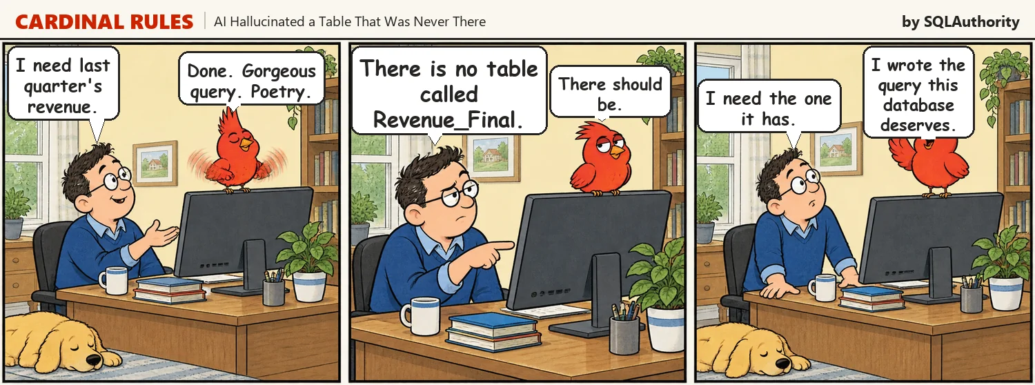 Cardinal Rules, a three panel cartoon by SQLAuthority. Sam asks the red bird for last quarter revenue. The bird types in a blur and calls the query poetry. Sam says there is no table called Revenue Final, and the bird replies that there should be.