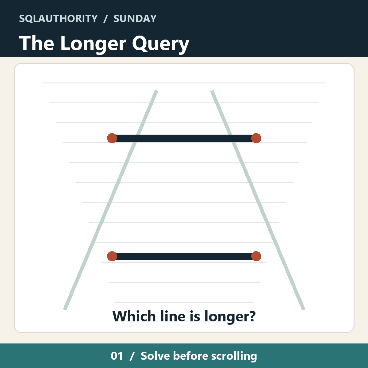 Two dark horizontal lines at different positions in a perspective server aisle. Which one is the longer query?