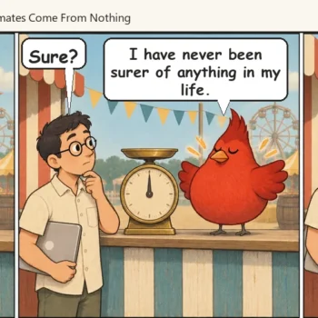 Cardinal Rules, a three panel cartoon by SQLAuthority. Sam asks the red bird how many rows will come back. The bird says four hundred and has never been surer of anything. A fairground scale spills a huge ribbon of abstract marks, and the deflated bird says four hundred was a feeling, not a number.