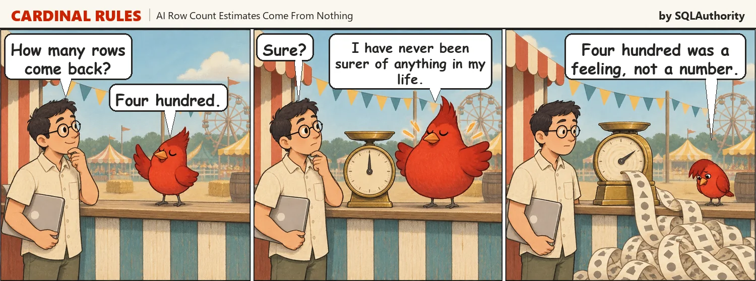 Three panel cartoon. Sam asks the red bird how many rows will come back. The bird says four hundred and has never been surer of anything. A fairground scale spills a huge ribbon of abstract marks, and the deflated bird says four hundred was a feeling, not a number.